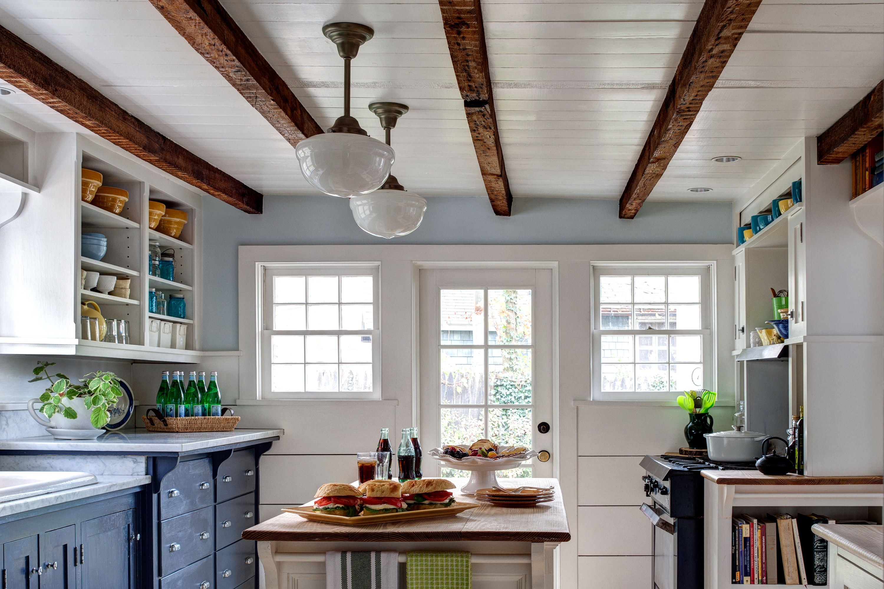 Kitchen with faux-wood beams